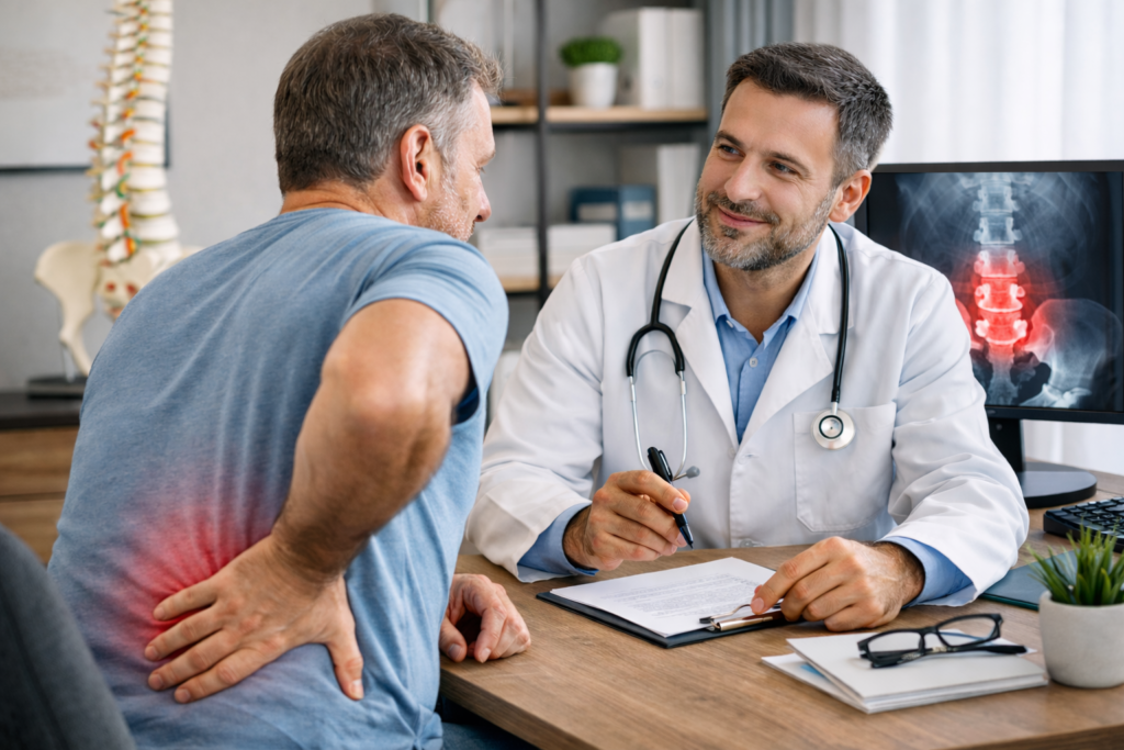 Lombalgia e fisiatra Colloquio clinico tra medico e paziente durante valutazione del dolore lombare.