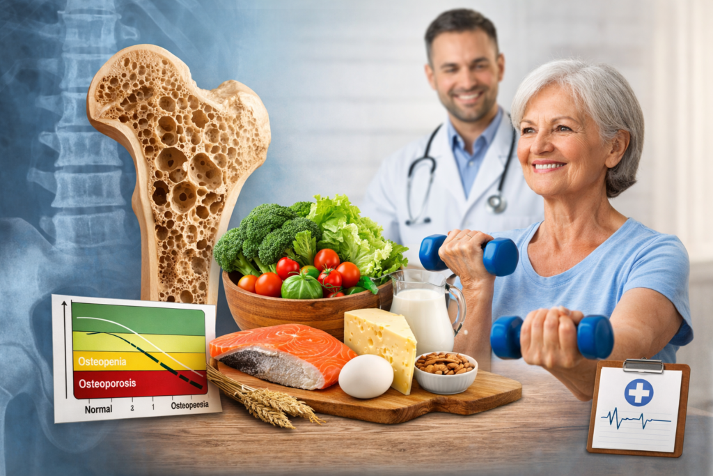 Osteoporosi e fisiatra Illustrazione della prevenzione dell’osteoporosi con esercizio fisico, alimentazione e salute dell’osso.